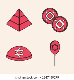Set Balloons with ribbon with star of david, Egypt pyramids, Jewish coin and Jewish kippah with star of david icon. Vector