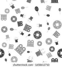 Set Balloons with ribbon with star of david, Orthodox jewish hat with sidelocks, Jewish coin and Tombstone with star of david on seamless pattern. Vector