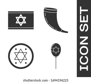 Set Balloons with ribbon with star of david, Flag of Israel, Jewish coin and Traditional ram horn, shofar icon. Vector