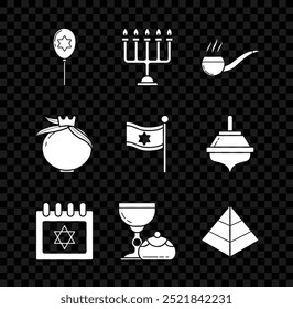 Set Ballons mit Band mit Stern von David, Hanukkah menorah, Rauchrohr Rauch, jüdischen Kalender, Becher und hanukkah sufganiyot, Ägypten Pyramiden, Granatapfel und Flagge Israel Symbol. Vektorgrafik