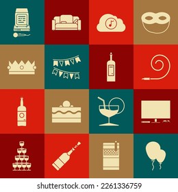 Set Balloons with ribbon, Video game console, Birthday party horn, Music streaming service, Carnival garland flags, Crown, Karaoke and Bottle of wine icon. Vector