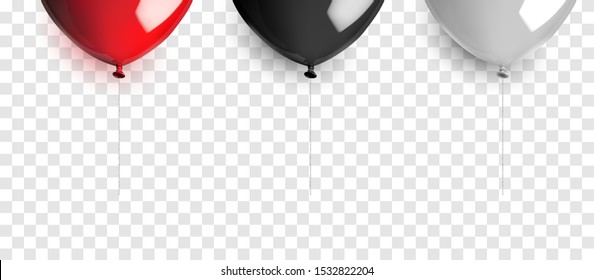 Set of balloons with ropeon on transparent background. Realistic 3D reflective vector illustration

