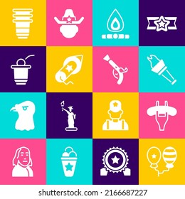 Set Balloons, Sausage the fork, Torch flame, Campfire, Firework, Beer pong game, Paper glass and Vintage pistols icon. Vector