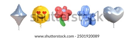 Set of balloons in the shape of a dog, flower, , emoji, silver heart and rhombus. 3d realistic style. Vector illustration