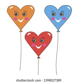 Set of Balloons in the shape of a heart. Red ball, ball character with eyes and a smile. Vector.