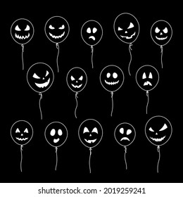 Set of balloons silhouettes with spooky face at black background. 