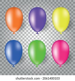 Set of balloons six colors: orange, purple, yellow, blue, green, pink. Isolated. Vector