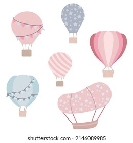 Set of balloons in the sky. Decor for the children's room balloons and derezhables. Vector illustration isolated on white background