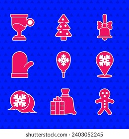 Set Balloons with snowflake, Santa Claus bag gift, Holiday gingerbread man cookie, Snowflake, speech bubble, Christmas mitten, Merry ringing bell and Mulled wine icon. Vector
