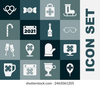 Set Balloons with snowflake, Snowflake speech bubble, Ski goggles, Christmas shopping bag, Calendar, candy cane, Pretzel and Champagne bottle icon. Vector