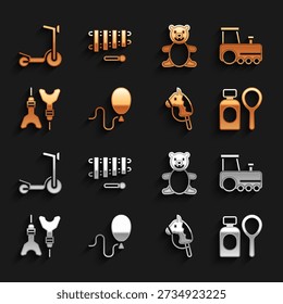 Set Balloons, Toy train, Soap bubbles bottle, horse, Dart arrow, Teddy bear plush toy, Roller scooter and Xylophone icon. Vector