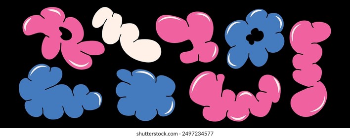Set of balloons trendy style. Elements and shapes. Vector. Retro graffiti. Abstract vintage aesthetic figures. 2000s. Bubbles funky set. Y2k style in design. Patch of stickers. Isolated. Blotch. Bold