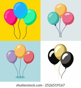 A set of balloons in various colors and sizes are arranged in a row. The balloons are of different colors, including red, blue, yellow, green, and black