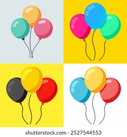 A set of balloons in various colors and sizes are arranged in a row. The balloons are of different colors, including red, yellow, blue, and green