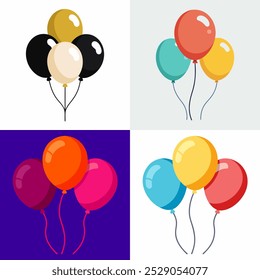A set of balloons in various colors and sizes are arranged in a row. The balloons are all different colors, including red, yellow, blue, and green