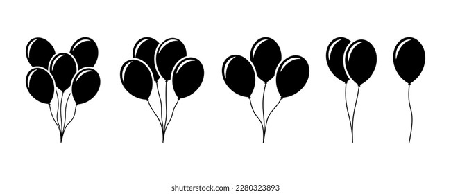 Set of balloons vector icons set. Black silhouette with bunch balloons with rope. Flying balloon.