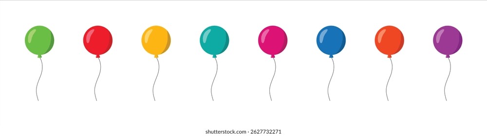 Set of balloons vector illustration, Bunch of balloons differents colors cartoon style, Blue, red, yellow, green isolated on white background. Flying balloon with rope. birthday and party celebrations
