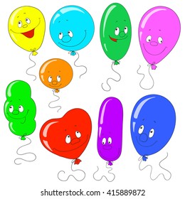 Set of balloons. Yellow, orange, blue, purple, pink, green, red. Vector