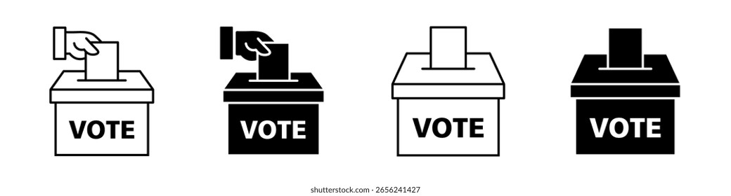 Conjunto de íconos de urna en estilo de Vector de línea delgada. Incluye símbolos de contorno relacionados con la votación y las elecciones