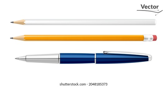 Set of ballpoint pen, yellow pencil, white pencil. Templates for applying logos. 3D style. Realistic. Office supplies for the office, school, institute. Isolated on a white background.