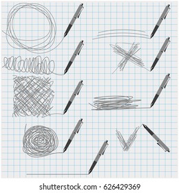A set of ballpoint pens with lines and doodles