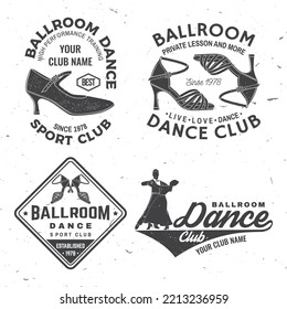 Set of Ballroom dance sport club logos, badges design. Concept for shirt or logo, print, stamp or tee. Dance sport sticker with shoes for ballroom dancing, man and woman silhouette. Vector.