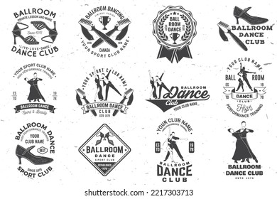 Set of Ballroom dance sport club logos, badges design. Concept for shirt or logo, print, stamp or tee. Dance sport sticker with shoes for ballroom dancing, man and woman silhouette. Vector.