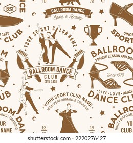 Set of Ballroom dance sport club seamless pattern. Concept for dancer sport pattern background or wallpaper. Dance sport sticker with shoes for ballroom dancing, man and woman silhouette. Vector.