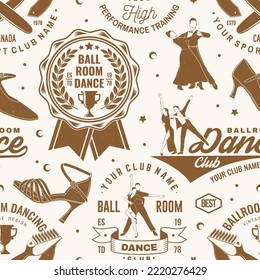 Set of Ballroom dance sport club seamless pattern. Concept for dancer sport pattern background or wallpaper. Dance sport sticker with shoes for ballroom dancing, man and woman silhouette. Vector.