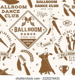 Set of Ballroom dance sport club seamless pattern. Concept for dancer sport pattern background or wallpaper. Dance sport sticker with shoes for ballroom dancing, man and woman silhouette. Vector.