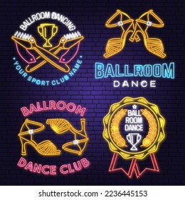 Set of Ballroom dance sport club Bright Neon Sign. Dance sport neon emblem with trophy cup, man and woman silhouette. Vector. Rumba, salsa, samba couples dancing ballroom style.