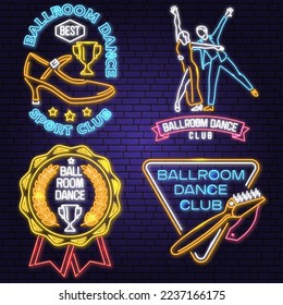 Set of Ballroom dance sport club Bright Neon Sign. Dance sport neon emblem with trophy cup, shoe brush, man and woman silhouette. Vector. Rumba, salsa, samba couples dancing ballroom style.