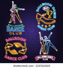 Set of Ballroom dance sport club Bright Neon Sign. Dance sport neon emblem with shoe brush, man and woman silhouette. Vector. Rumba, salsa, samba couples dancing ballroom style