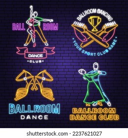 Set of Ballroom dance sport club Bright Neon Sign. Dance sport neon emblem with shoe brush, man and woman silhouette. Vector. Rumba, salsa, samba couples dancing ballroom style