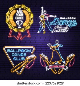 Club deportivo de baile Bright Neon Sign. Emblema de neón deportivo de danza con taza de trofeo, cepillo de zapatos, silueta de hombre y mujer. Vector. Rumba, salsa, parejas de samba bailando estilo salón de baile