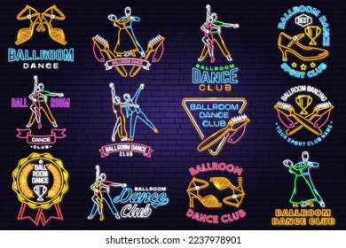 Set of Ballroom dance sport club Bright Neon Sign. Dance sport neon emblem with shoe brush, man and woman silhouette. Vector. Rumba, salsa, samba couples dancing ballroom style.