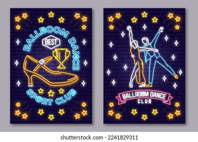 Set of Ballroom dance sport club Bright Neon Sign. Dance sport neon flyer, brochure, banner, poster with shoe, man and woman silhouette. Vector. Rumba, salsa, samba couples dancing ballroom style.