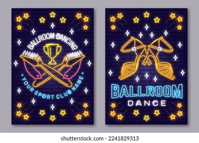 Set of Ballroom dance sport club Bright Neon Sign. Dance sport neon flyer, brochure, banner, poster with shoe brush, man and woman silhouette. Vector. Rumba, salsa, samba couples dancing ballroom