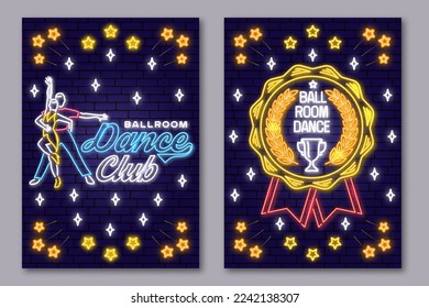 Set of Ballroom dance sport club Bright Neon Sign. Dance sport neon flyer, brochure, banner, poster with shoe, man and woman silhouette. Vector. Rumba, salsa, samba couples dancing ballroom style.