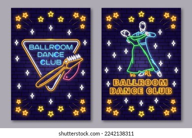 Set of Ballroom dance sport club Bright Neon Sign. Dance sport neon flyer, brochure, banner, poster with shoe brush, man and woman silhouette. Vector. Rumba, salsa, samba couples dancing ballroom