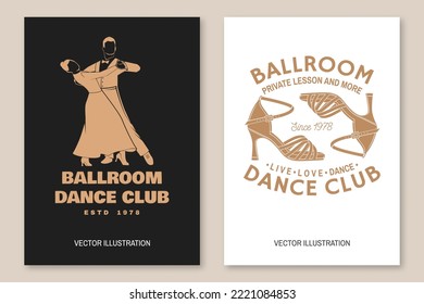 Juego de volantes deportivos de baile de salón de baile, folleto, pancarta, afiche. Concepto de camisa o logotipo, impresión, sello o tee. Pegatina deportiva de danza con zapatos para bailar en salón de baile, silueta de hombre y mujer. Vector.