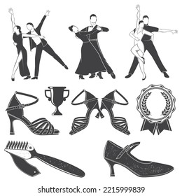 Set of Ballroom dance sport icon silhouette. Concept for shirt or logo, print, stamp or tee. Set include shoe brush, shoes for ballroom dancing, couple man and woman dancing. Vector.