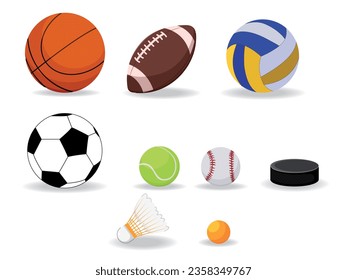 Set of Balls. Basketball, American football, volleyball, football, tennis, baseball, hockey, badbinton, table tennis.
Equipment for sports and entertainment events.
Vector illustration.