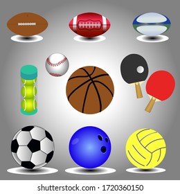 Set of balls for different sports. For example, soker, soccer, tennis, bowling, volleyball, baseball ping pong and bowling.