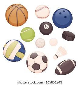 set of balls for different sports on white background, only twelve items