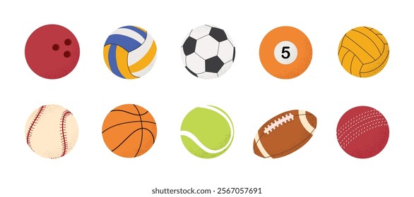 Set of balls for different sports. Balls for soccer, basketball, volleyball, rugby, tennis, bowling. Isolated vector collection balls in flat style. White background. 