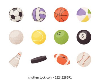 Set of balls or equipment for sports games. Football, basketball, volleyball, hockey, soccer, tennis, rugby. Physical activity or hobby. Cartoon flat vector collection isolated on white background