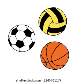 A set of balls. Football, basketball, volleyball. Vector stock illustration eps10. Outline, isolate on white background. Hand drawn.