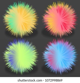 set of balls with fur effect. colorful shaggy ball. Colorful cartoon fluffy pompons. Fur balls. Vector isolated on white background. Funny fur balls for game design.