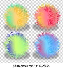 set of balls with fur effect. colorful shaggy ball. Colorful cartoon fluffy pompons. Fur balls. Vector isolated on white background. Funny fur balls for game design on a transparent background